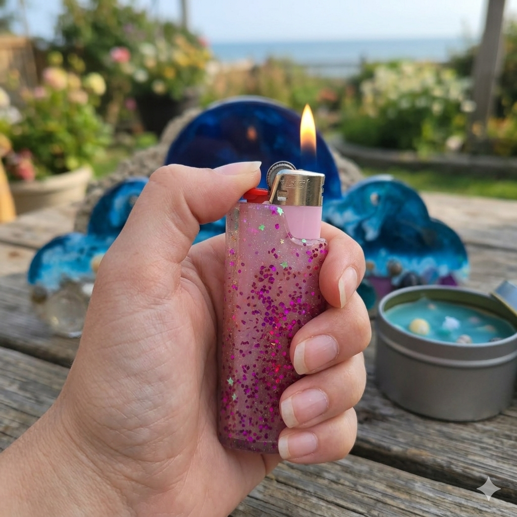 Pink Glitter Resin Standard BIC Lighter Case – Hot Pink & Star Confetti