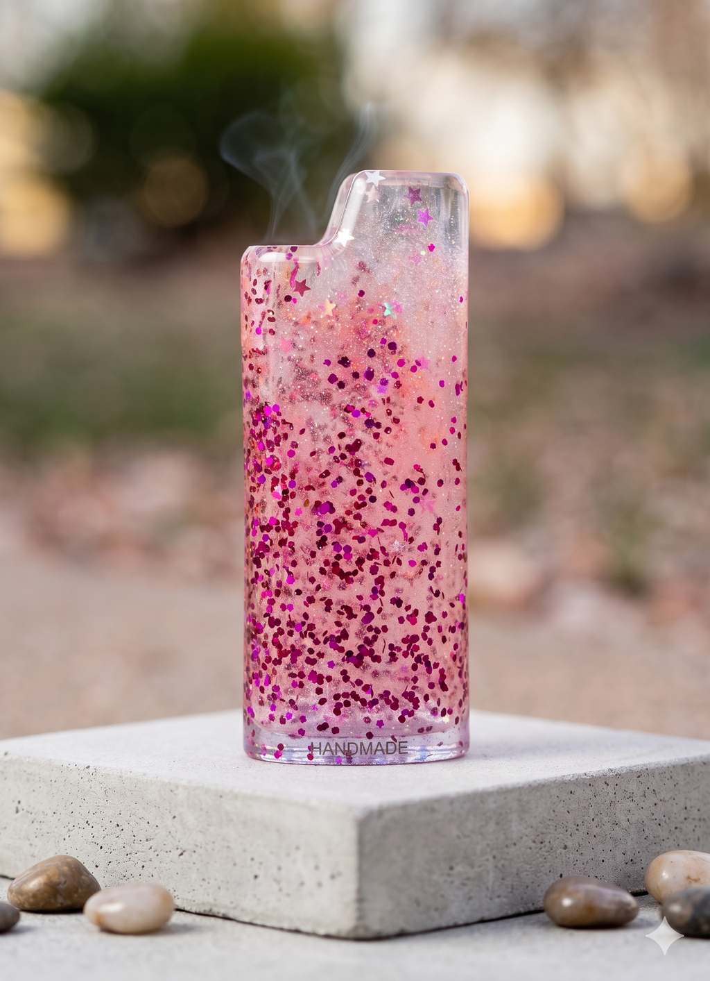 Pink Glitter Resin Standard BIC Lighter Case – Hot Pink & Star Confetti