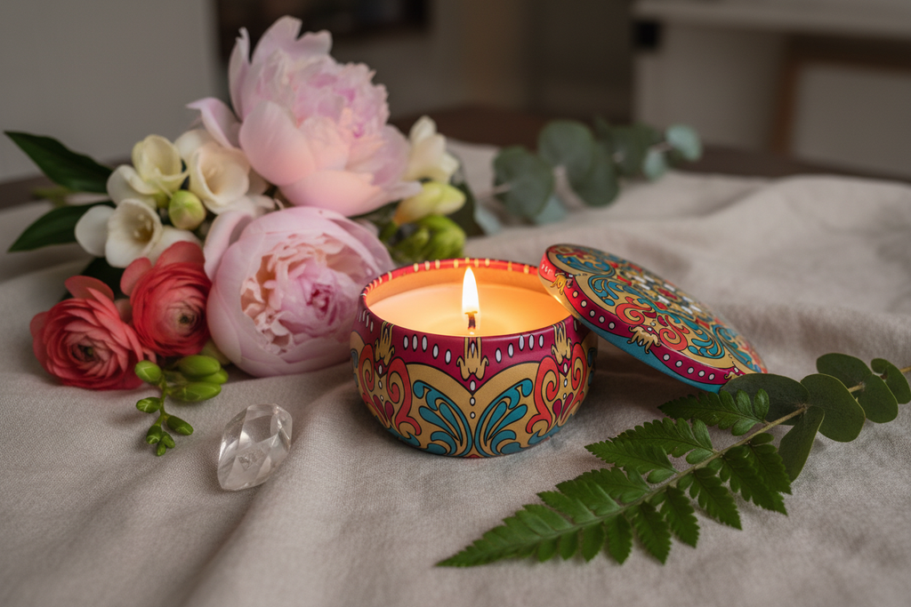 Boho Floral Tin Candle - Lifestyle Photo