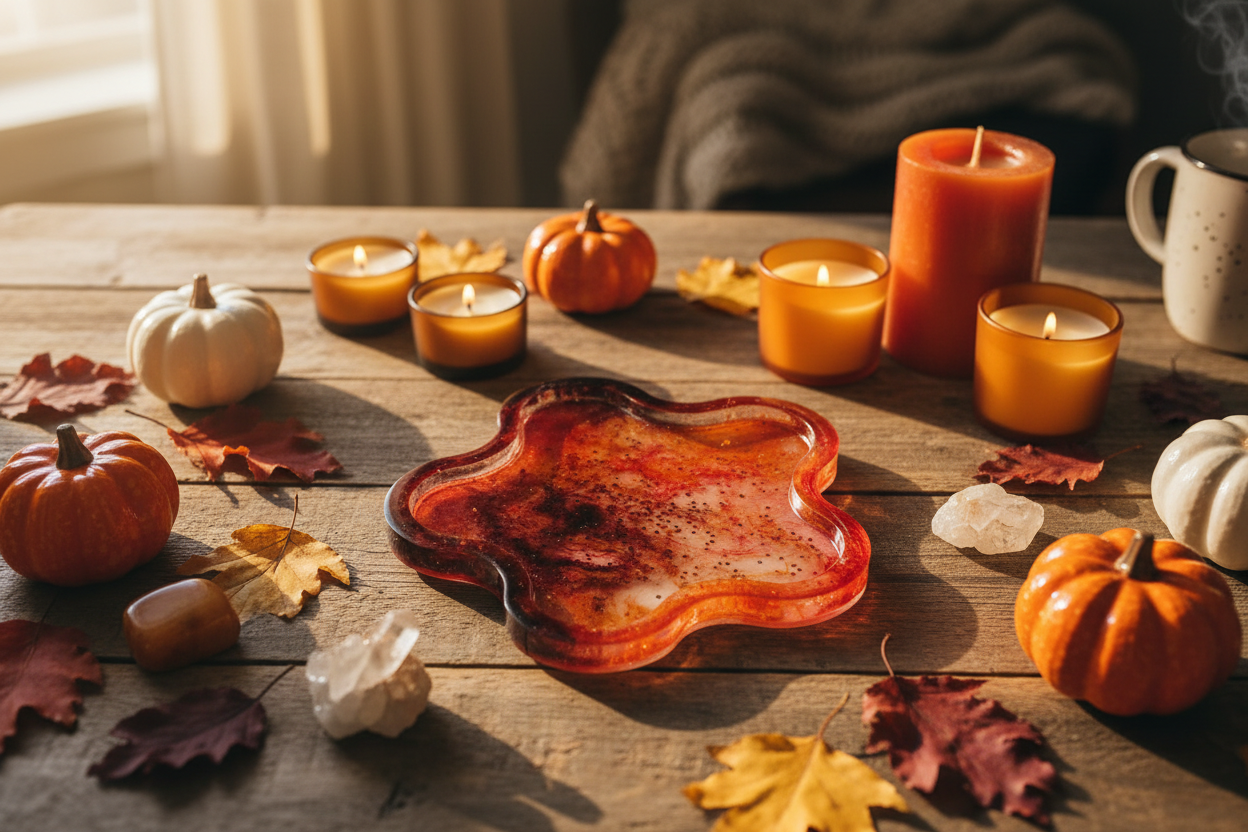 Harvest Flower Tray lifestyle photo - styled in cozy autumn scene with warm golden lighting