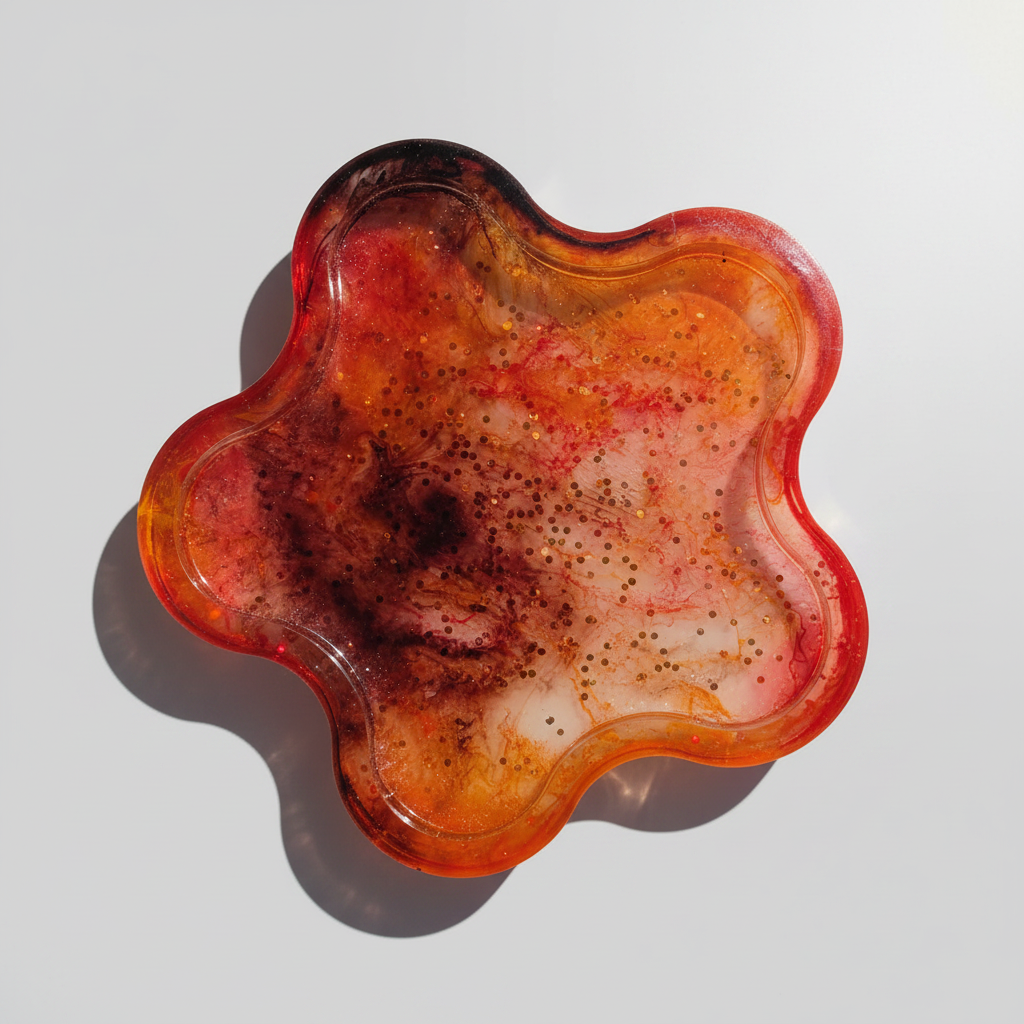 Harvest Flower Tray - front view showing rich red, orange and gold glitter resin